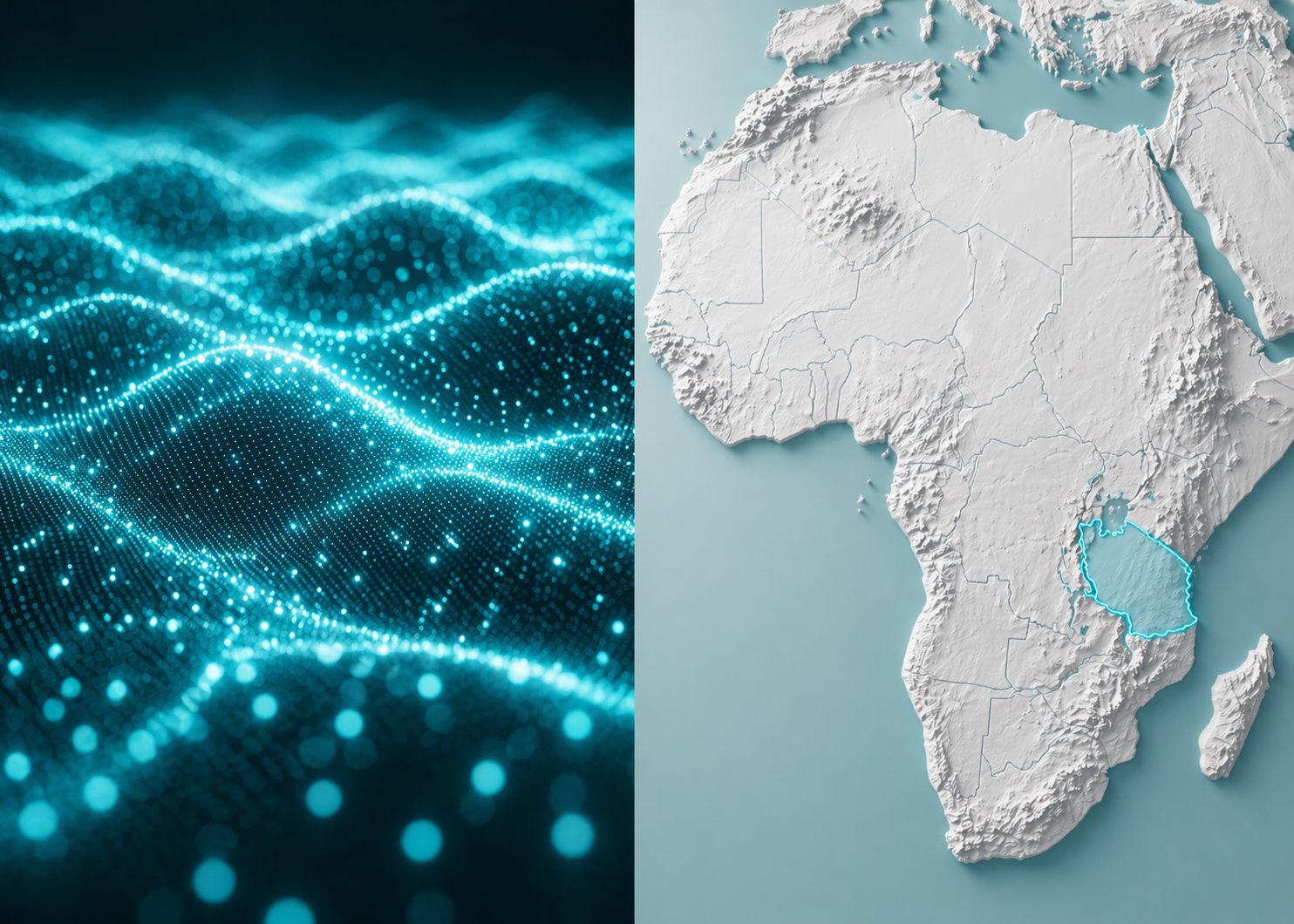 Map of Africa with Tanzania highlighted, alongside a teal data-grid visualisation