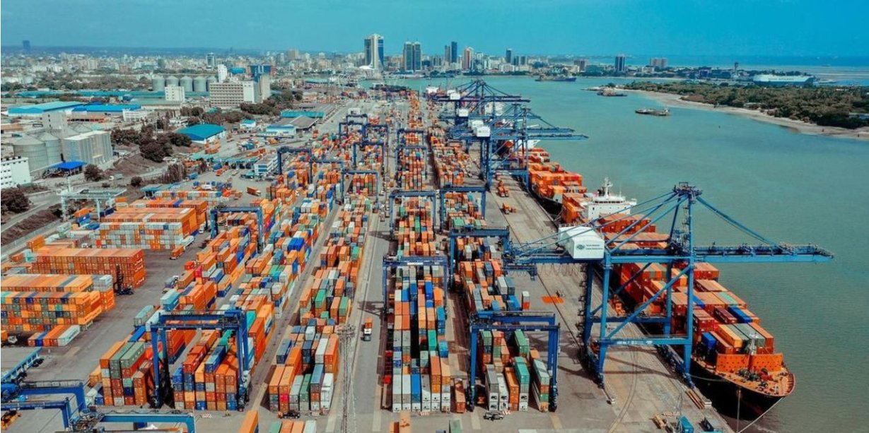 Aerial view of Dar es Salaam port — container terminals, gantry cranes, and ocean-going vessels with the city skyline beyond