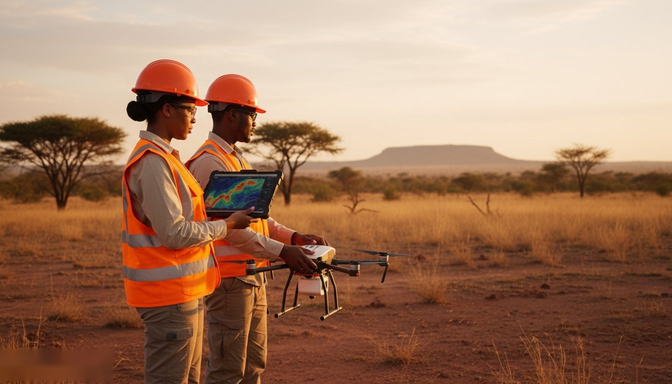 AURX field geologists operating a UAV-mounted geophysical survey in the Tanzanian savannah