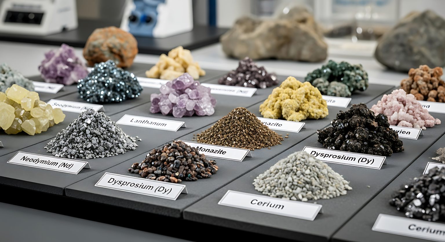 Laboratory display of labelled rare earth element samples — neodymium, lanthanum, dysprosium, cerium — and host mineral monazite